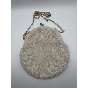 Vintage Walborg 50s/60s White Hand Glass Beaded Purse, gold strap Made in JAPAN
